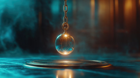 Mystical pendulum on a chain swings over a magic table. gold neon tones --ar 16:9 --personalize jaydbm9 --v 6.1 Job ID: 8f53f26a-0318-475d-8864-b1507e589f46の素材