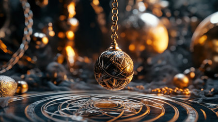 Mystical pendulum on a chain swings over a magic table. gold neon tones --ar 16:9 --personalize jaydbm9 --v 6.1 Job ID: e4e0ad5a-36a3-42d2-9168-7f23f917bdd1の素材