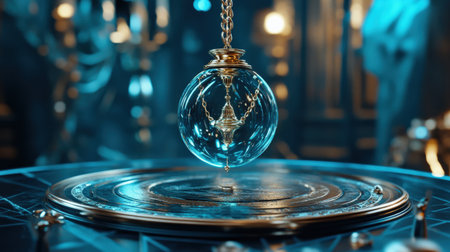 Mystical pendulum on a chain swings over a magic table. gold neon tones --ar 16:9 --personalize jaydbm9 --v 6.1 Job ID: 0e2e9f17-4476-4f9a-8387-f655eddc578dの素材