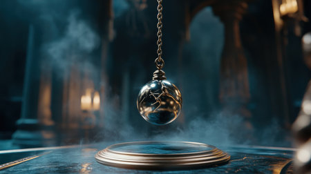 Mystical pendulum on a chain swings over a magic table. gold neon tones --ar 16:9 --personalize jaydbm9 --v 6.1 Job ID: 8f53f26a-0318-475d-8864-b1507e589f46の素材