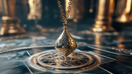 Mystical pendulum on a chain swings over a magic table. gold neon tones --ar 16:9 --personalize jaydbm9 --v 6.1 Job ID: bf196781-125f-42bb-a927-6b561bb8bd38の素材