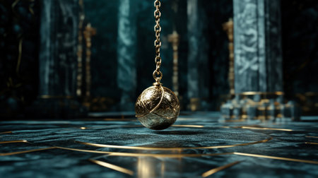 Mystical pendulum on a chain swings over a magic table. gold neon tones --ar 16:9 --personalize jaydbm9 --v 6.1 Job ID: 366a5a23-3029-4c72-ae13-dba97b38c038の素材
