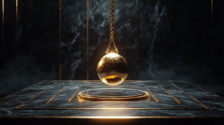 Mystical pendulum on a chain swings over a magic table. gold neon tones --ar 16:9 --personalize jaydbm9 --v 6.1 Job ID: aada4683-d2f5-49e4-934f-262e471f2a7eの素材