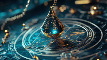 Mystical pendulum on a chain swings over a magic table. gold neon tonesの素材