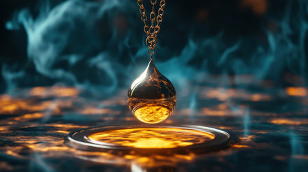 Mystical pendulum on a chain swings over a magic table. gold neon tonesの素材