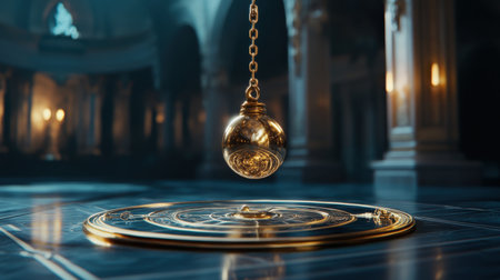 Mystical pendulum on a chain swings over a magic table. gold neon tonesの素材