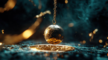 Mystical pendulum on a chain swings over a magic table. gold neon tonesの素材