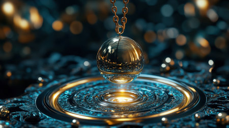 Mystical pendulum on a chain swings over a magic table. gold neon tonesの素材