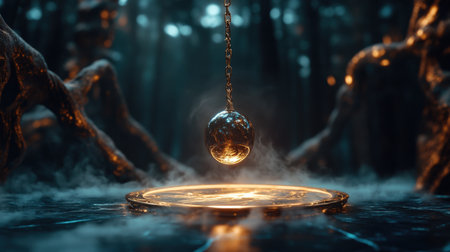 Mystical pendulum on a chain swings over a magic table. gold neon tonesの素材