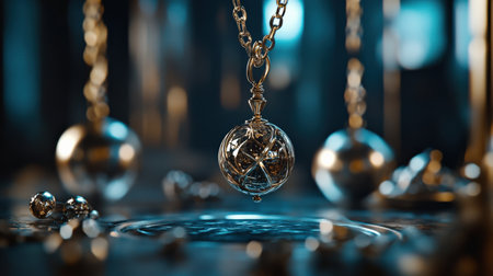 Mystical pendulum on a chain swings over a magic table. gold neon tonesの素材
