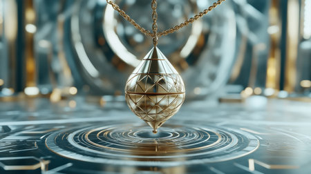 Mystical pendulum on a chain swings over a magic table. gold neon tonesの素材