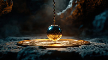 Mystical pendulum on a chain swings over a magic table. gold neon tonesの素材