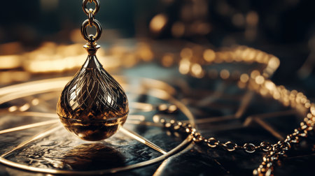 Mystical pendulum on a chain swings over a magic table. gold neon tonesの素材
