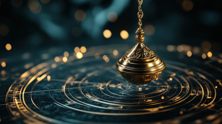 Mystical pendulum on a chain swings over a magic table. gold neon tonesの素材