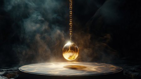 Mystical pendulum on a chain swings over a magic table. gold neon tonesの素材