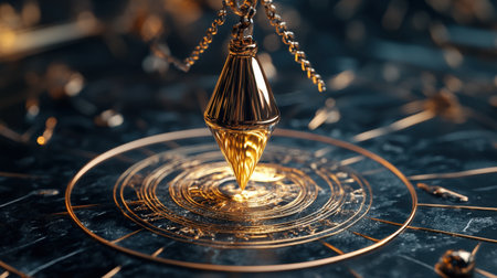Mystical pendulum on a chain swings over a magic table. gold neon tonesの素材