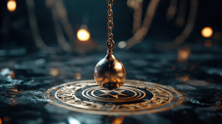 Mystical pendulum on a chain swings over a magic table. gold neon tonesの素材