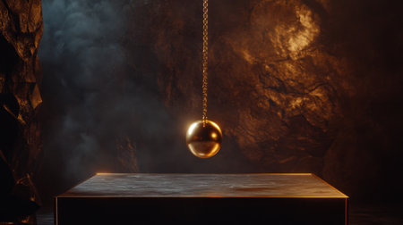 Mystical pendulum on a chain swings over a magic table. gold neon tonesの素材