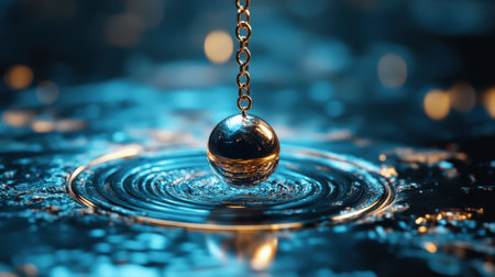 Mystical pendulum on a chain swings over a magic table. gold neon tonesの素材