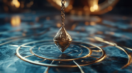 Mystical pendulum on a chain swings over a magic table. gold tonesの素材