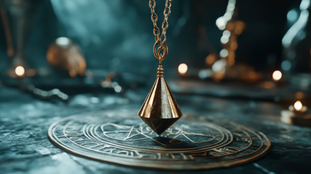 Mystical pendulum on a chain swings over a magic table. gold tonesの素材