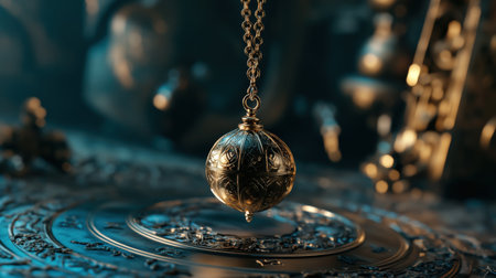 Mystical pendulum on a chain swings over a magic table. gold tonesの素材