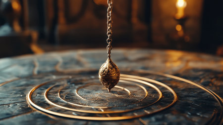 Mystical pendulum on a chain swings over a magic table. gold tonesの素材