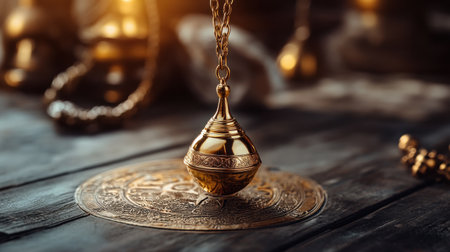 Mystical pendulum on a chain swings over a magic table. gold tonesの素材