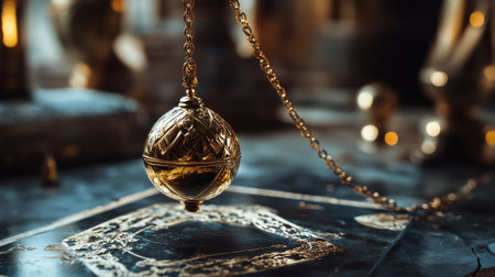 Mystical pendulum on a chain swings over a magic table. gold tonesの素材