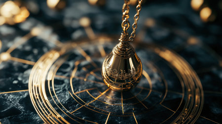Mystical pendulum on a chain swings over a magic table. gold tonesの素材