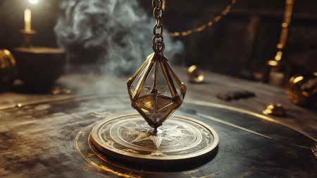 Mystical pendulum on a chain swings over a magic table. gold tonesの素材