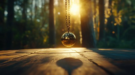 Mystical pendulum on a chain swings over a magic table. gold tonesの素材