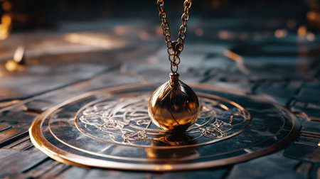 Mystical pendulum on a chain swings over a magic table. gold tonesの素材