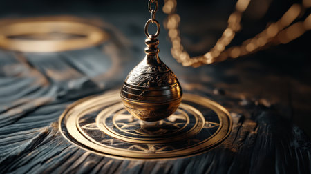 Mystical pendulum on a chain swings over a magic table. gold tonesの素材