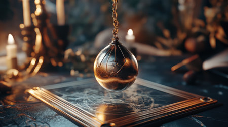 Mystical pendulum on a chain swings over a magic table. gold tonesの素材
