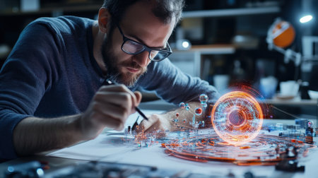 An architect is working on a model of a The structure of the Structure of the solar system structure creative digital cyber punk tone neonの素材