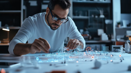 An architect is working on a model of a The structure of the Structure of the solar system structure creative digital cyber punk tone neonの素材