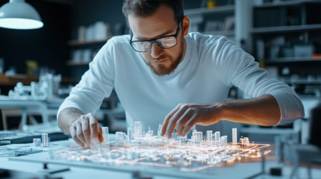 An architect is working on a model of a The structure of the Structure of the solar system structure creative digital cyber punk tone neonの素材