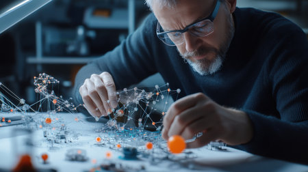 An architect is working on a model of a The structure of the Structure of the solar system structure creative digital cyber punk tone neonの素材