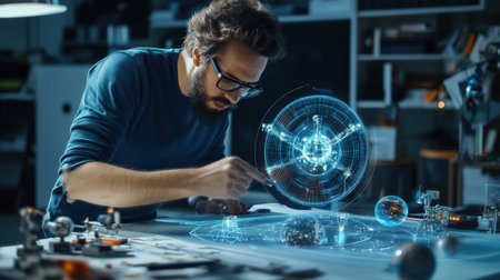 An architect is working on a model of a The structure of the Structure of the solar system structure creative digital cyber punk tone neonの素材