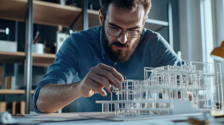 An architect is working on a model of a building skyscraper creative digital blue tone neonの素材