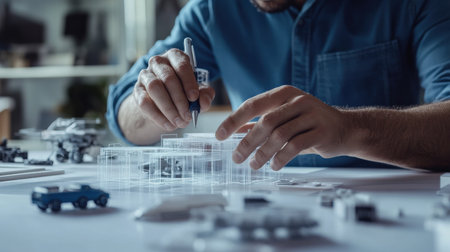 An architect is working on a model of a building skyscraper creative digital blue tone neonの素材