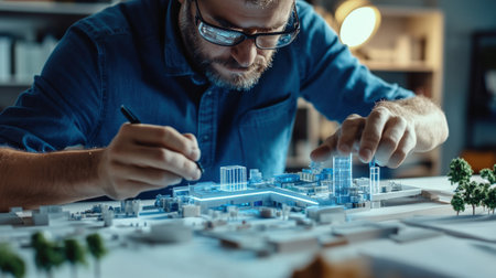 An architect is working on a model of a building skyscraper creative digital blue tone neonの素材