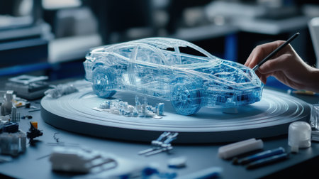 An architect is working on a model of a The structure of the fighter tank structure creative digital blue tone neonの素材