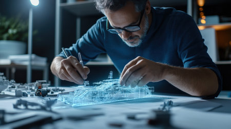 An architect is working on a model of a The structure of the fighter tank structure creative digital blue tone neonの素材