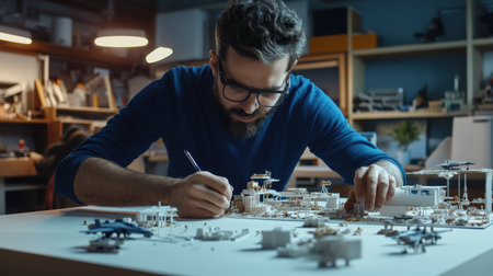 An architect is working on a model of a building skyscraper creative digital blue tone neonの素材