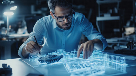 An architect is working on a model of a The structure of the fighter tank structure creative digital blue tone neonの素材