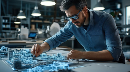 An architect is working on a model of a building skyscraper creative digital blue tone neonの素材