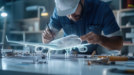 An architect is working on a model of a The structure of the fighter plane structure creative digital blue tone neonの素材