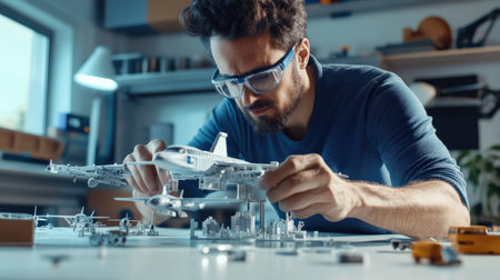 An architect is working on a model of a The structure of the fighter plane structure creative digital blue tone neonの素材